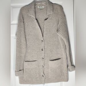 Eddie Bauer M Beige 100%WOOL Lngslv Knit Ribbed Pockets ButtonsUp Women Cardigan